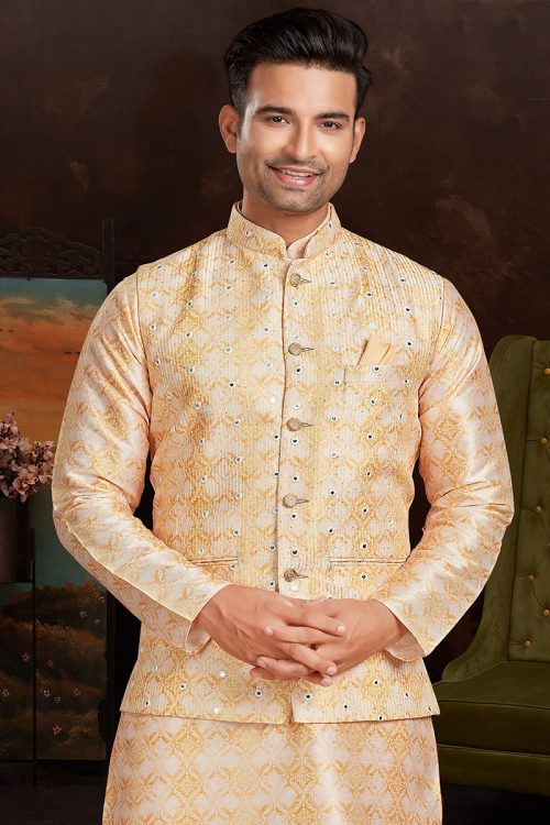 Silk Printed Light Beige Traditional Men's Waist Coat 