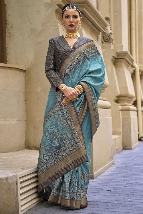 Occasion Wear Light Blue Silk Printed Casual Saree