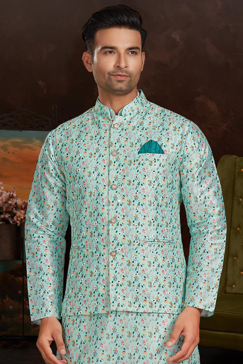 Silk Printed Mint Blue Traditional Men's Waist Coat 