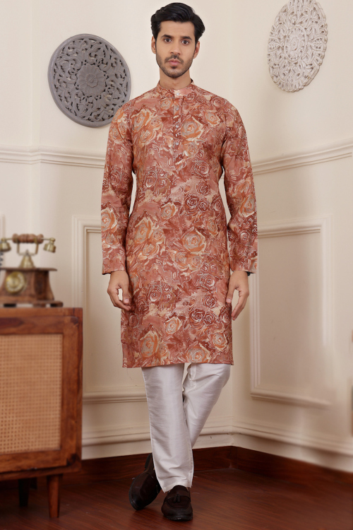 Contemporary Multi Color Silk Printed Men's Kurta Pajama