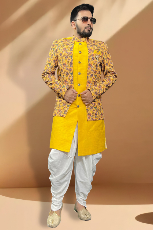 Silk Printed Mustard Yellow Side Slit Men's Sherwani 