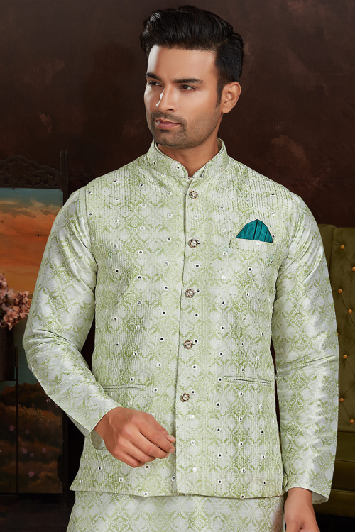 Silk Printed Off White Traditional Men's Waist Coat 