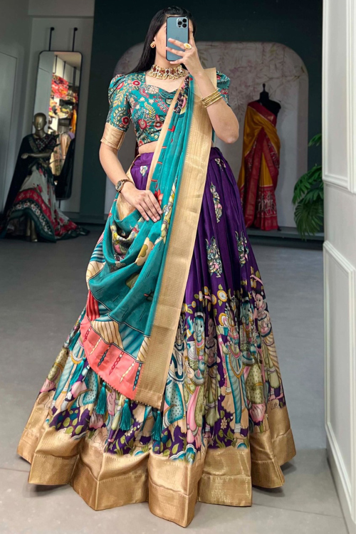 Silk Printed Plum Purple Flared Style Lehenga 