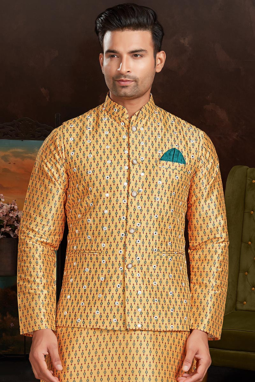 Silk Printed Turmeric Yellow Traditional Men's Waist Coat 