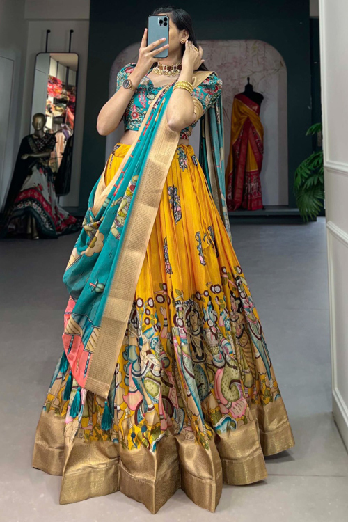 Silk Printed Yellow Flared Style Lehenga 