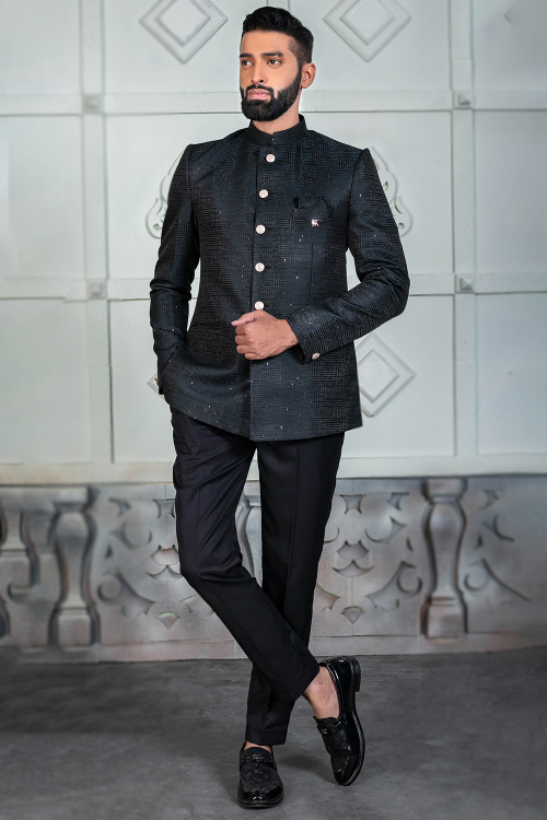 Silk Prussian Blue Men's Jodhpuri Weaved Sherwani 