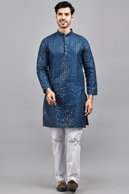 Silk Prussian Blue Sequins Embroidered Men's Kurta Pajama