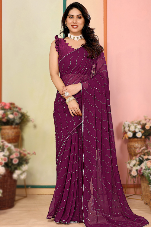 Silk Purple Muqayyash Embroidered Light Weight Saree