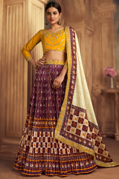 Silk Purple Printed Flared Style Lehenga