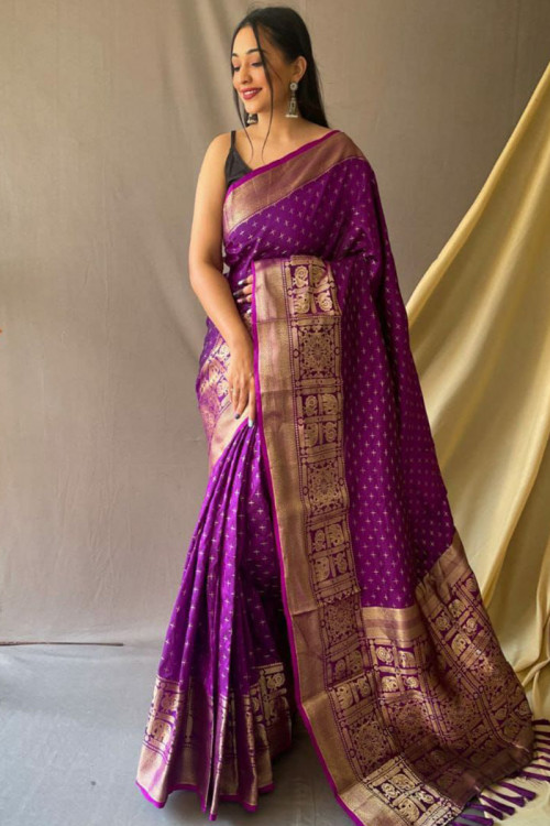 Silk Purple Woven Zari Broad Border Saree 
