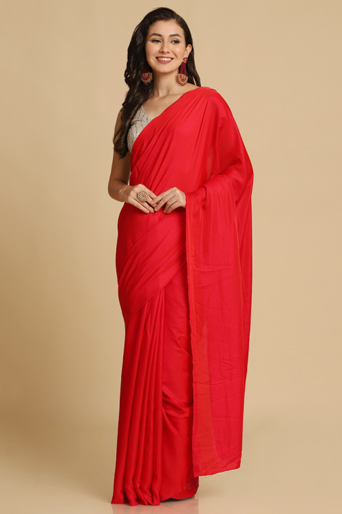Plain red saree with designer blouse hot sale