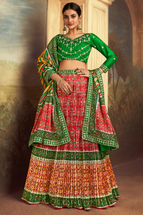 Silk Red Printed Flared Style Lehenga