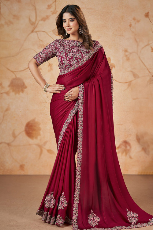 silk resham embroidered cherry red light weight saree sarv173232 1