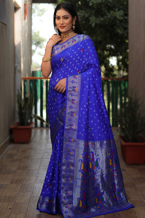 Silk Royal Blue Bandhej Printed Saree 