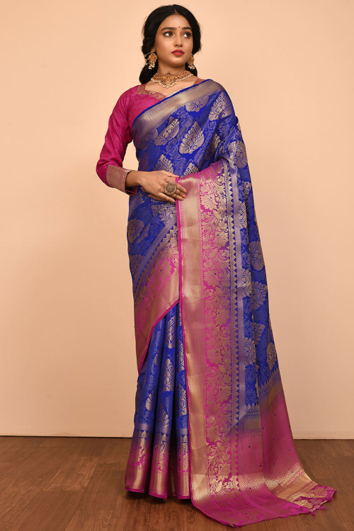 Silk Royal Blue Zari Embroidered Saree for Party 