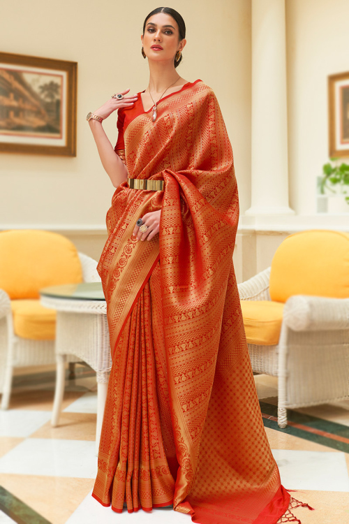 Silk Rust Orange Zari Weaved Kanchipuram Saree