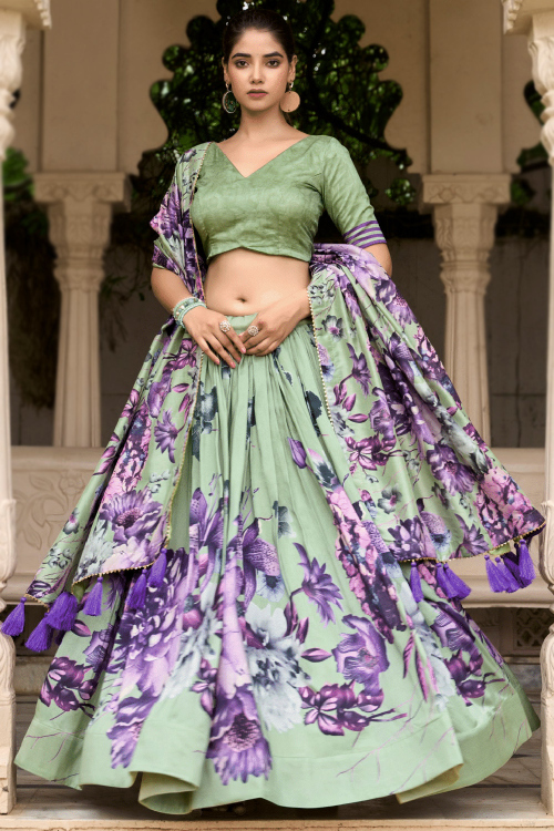 Silk Sage Green Floral Print Flared Style Lehenga