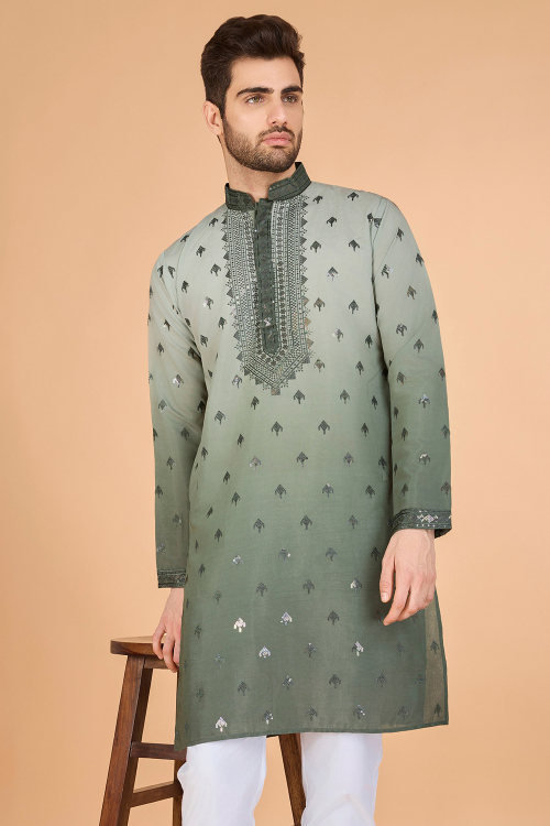 Silk Sage Green Men's Kurta with Sequins Work for Diwali Wear