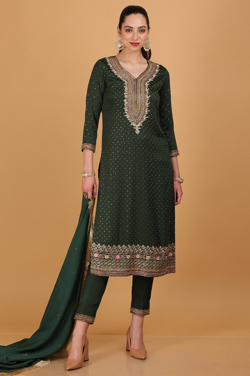 Silk Salamander Green Embroidered Straight Cut Suit