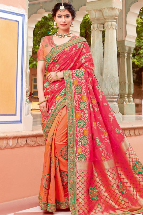 Silk Salmon Orange And Ruby Red Embroidered Saree