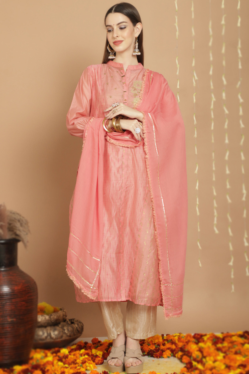 Silk Salmon Peach Printed Straight-Cut Suit