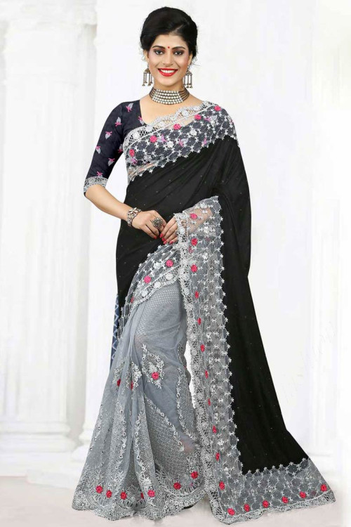 Net And Velvet Saree With Banglori Silk Blouse In Black And Grey