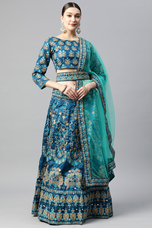 Silk Sea Blue Pearl Embroidered Panelled Style Lehenga