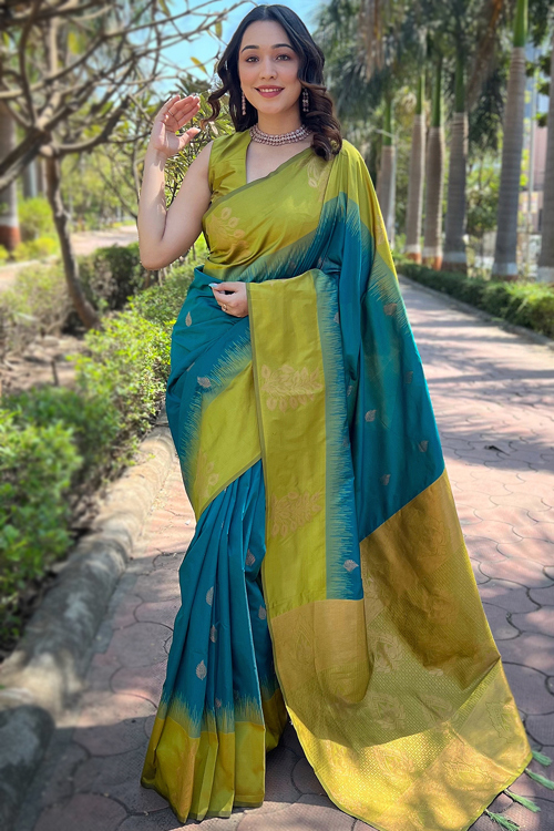 Sea Blue Silk Saree with Elegant Weaved Texture