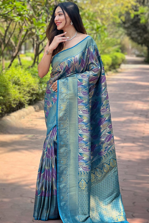 Sea Blue Silk Saree with Golden Zari Broad Border