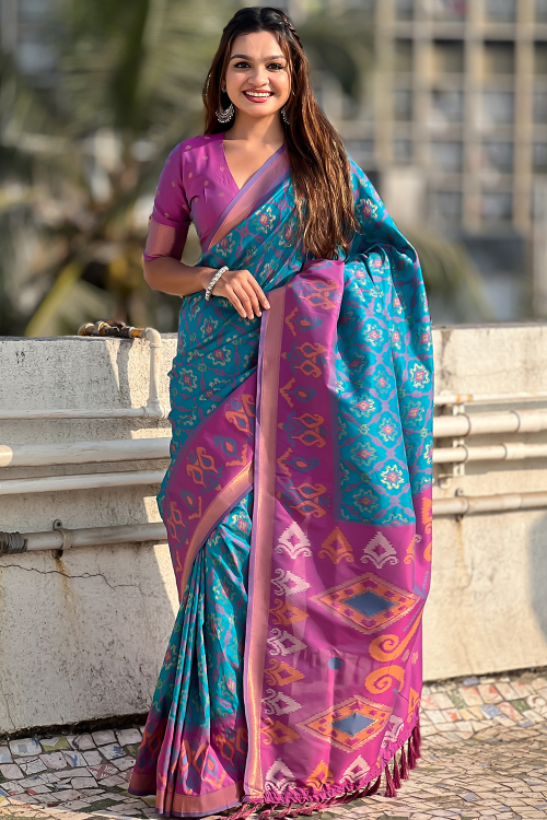 Traditional Sea Blue Silk Saree with Broad Zari Border