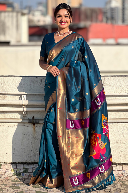Silk Sea Blue Woven Zari Paithani Saree