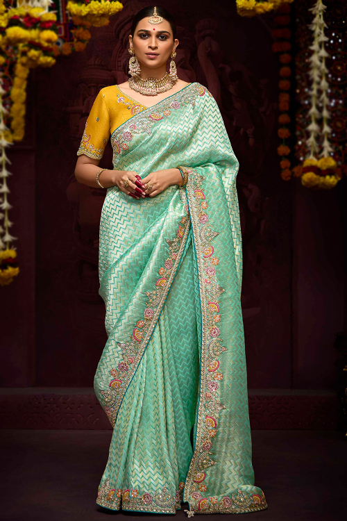 Silk Seafoam Green Zari Embroidered Handloom Saree 