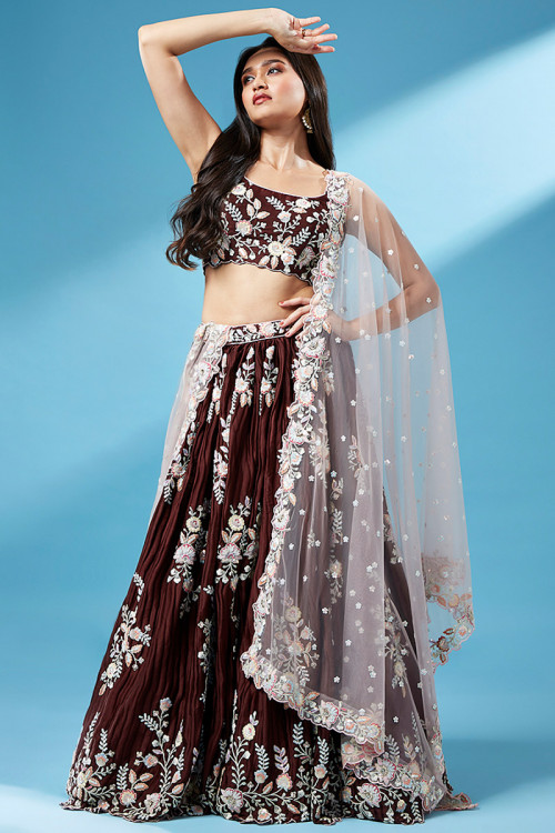 Silk Sequins Embroidered Dark Brown Flared Style Lehenga 