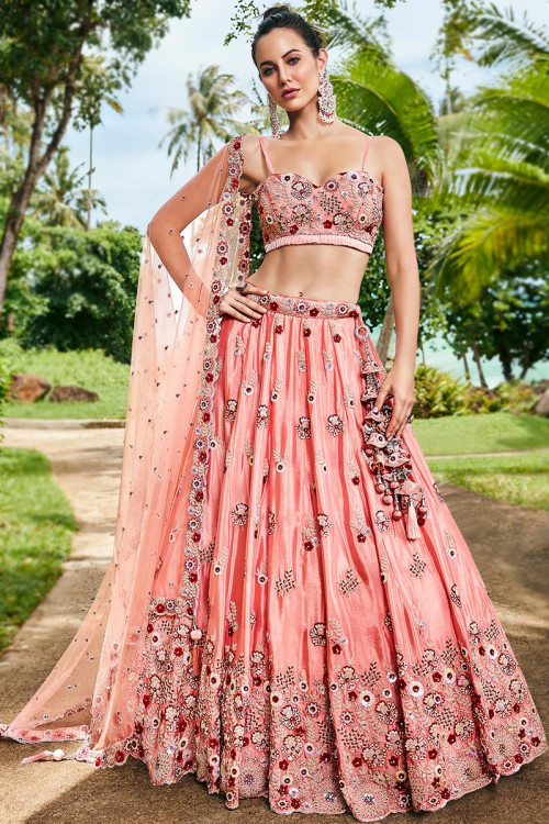 Silk Sequins Embroidered Salmon Pink Flared Style Lehenga 