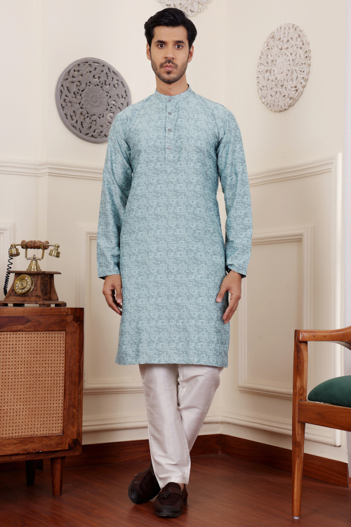 Silk Sky Blue Straight Cut Men's Printed Kurta Pajama