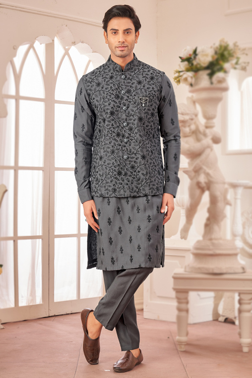 Silk Steel Grey Jacket Style Men's Embroidered Kurta With Trouser Pants