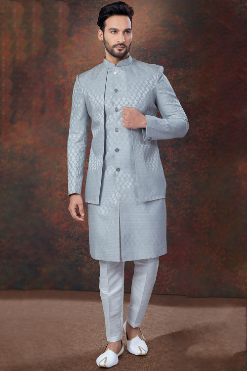Silk Steel Grey Weaved Thread Men's Jacket Style Sherwani