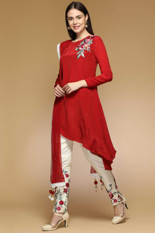 Silk Straight Pant Suit In Dark Red Color 