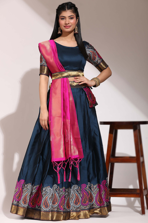 Silk Teal Blue A Line Weaved Lehenga 