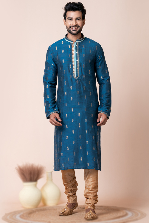 Silk Teal Blue Men's Straight Cut Weaved Kurta Churidar