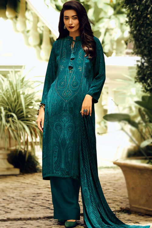 Silk Teal Blue Printed Straight Cut Palazzo Suit
