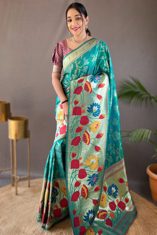 Silk Teal Blue Woven Zari Paithani Saree