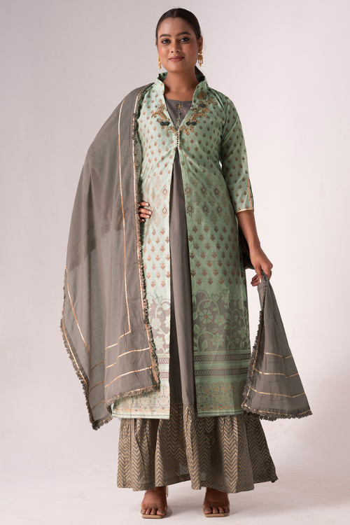 Silk Thread Embroidered Grey Beige Jacket Style Gown 
