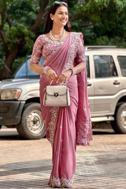 Silk Thulian Pink Dori Embroidered Light Weight Saree