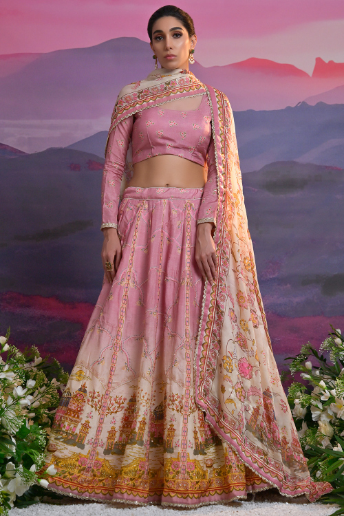 Silk Blend Thulian Pink Flared Style Lehenga with Printed Work