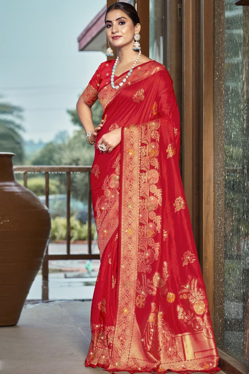 Silk Tomato Red Woven Zari Light Weight Saree
