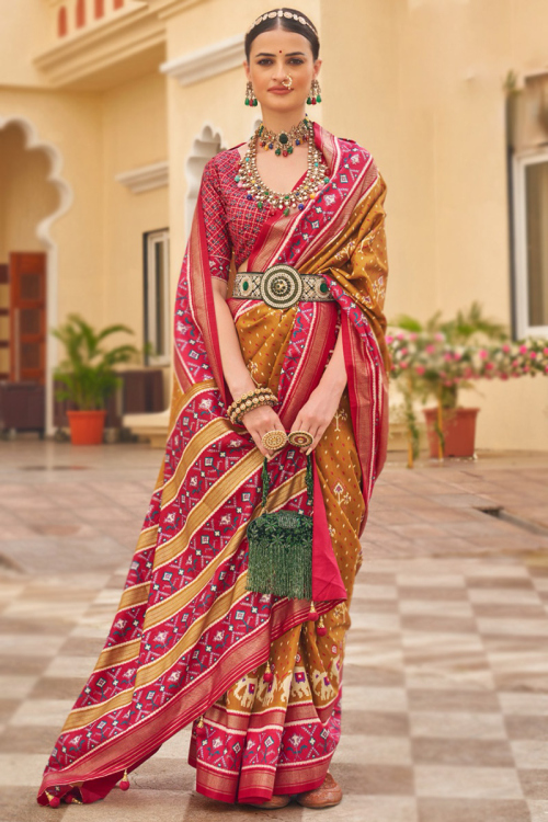 Patola Print Saree in Turmeric Yellow Silk