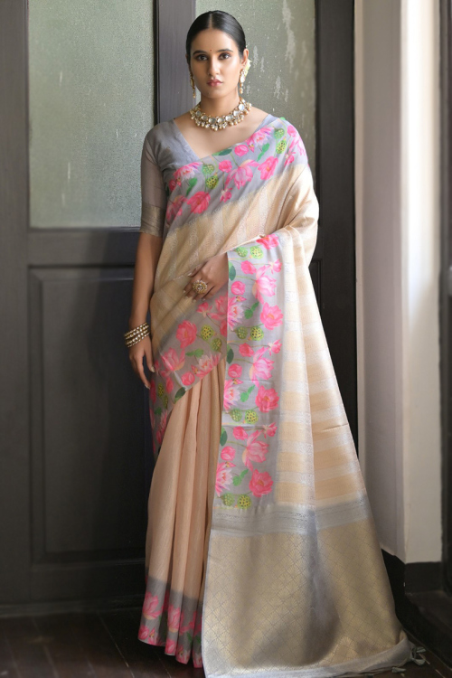 Silk Weaved Light Beige Broad Border Saree