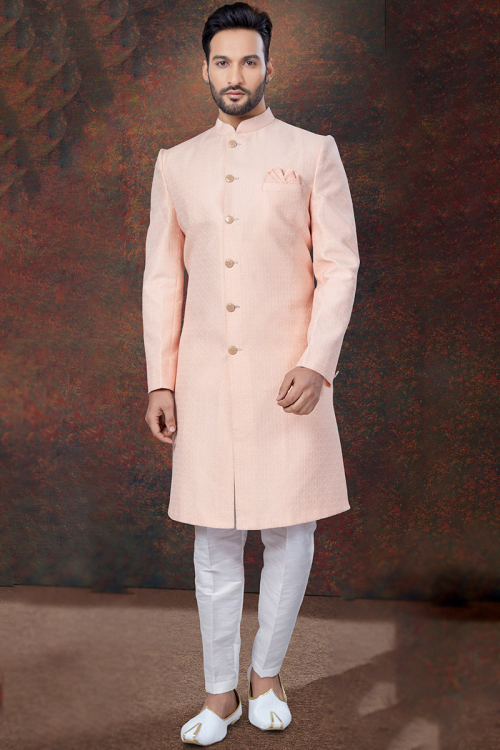 Silk Weaved Men's Straight Cut Peach Sherwani