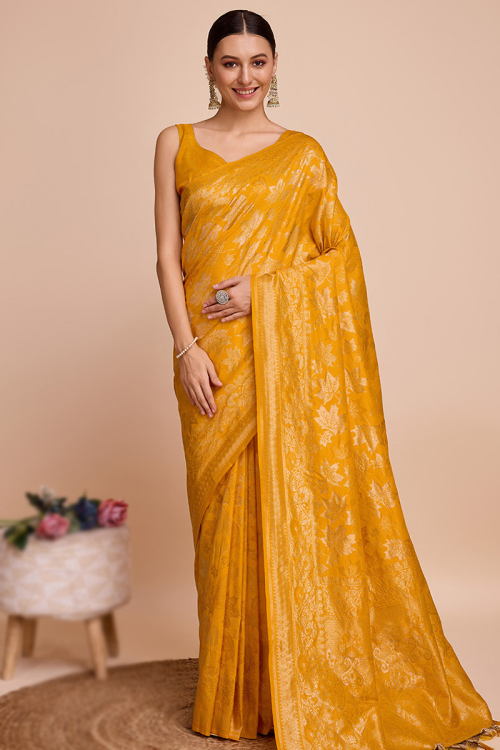 Mustard Yellow Silk Saree with Weaved Finish